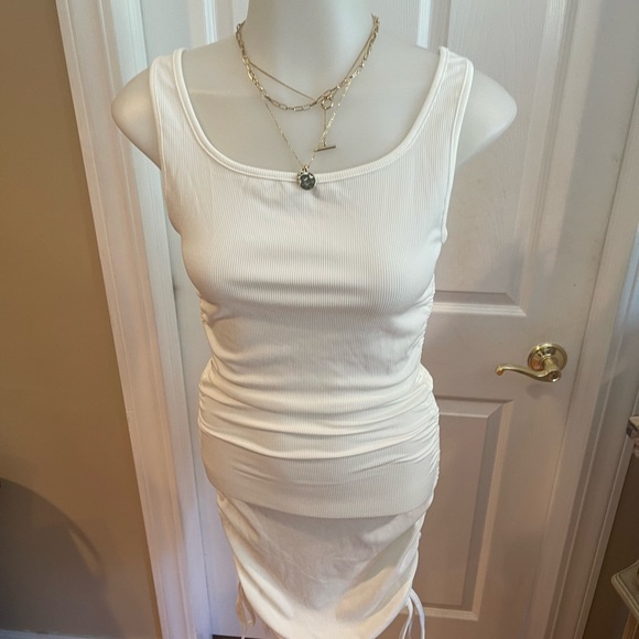 Boutique White Ribbed Tee Sleeveless Dress W/Ruching SZ S - Picture 3 of 10